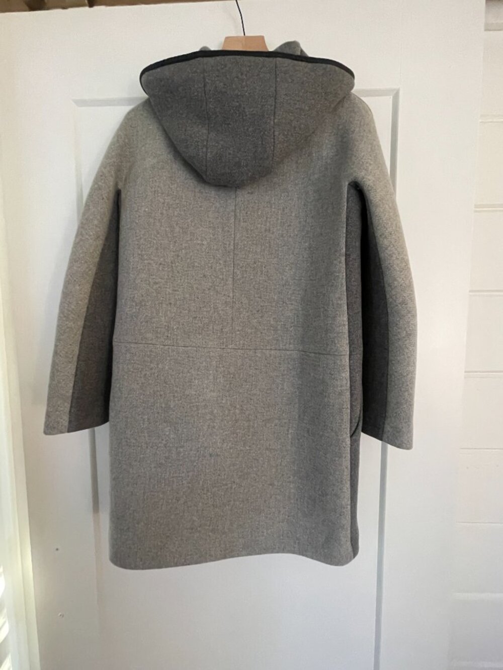 J.Crew Stadium-Cloth Wool Leather Trim Hooded Colorblock Cocoon Coat – Size 2 - Picture 5 of 11